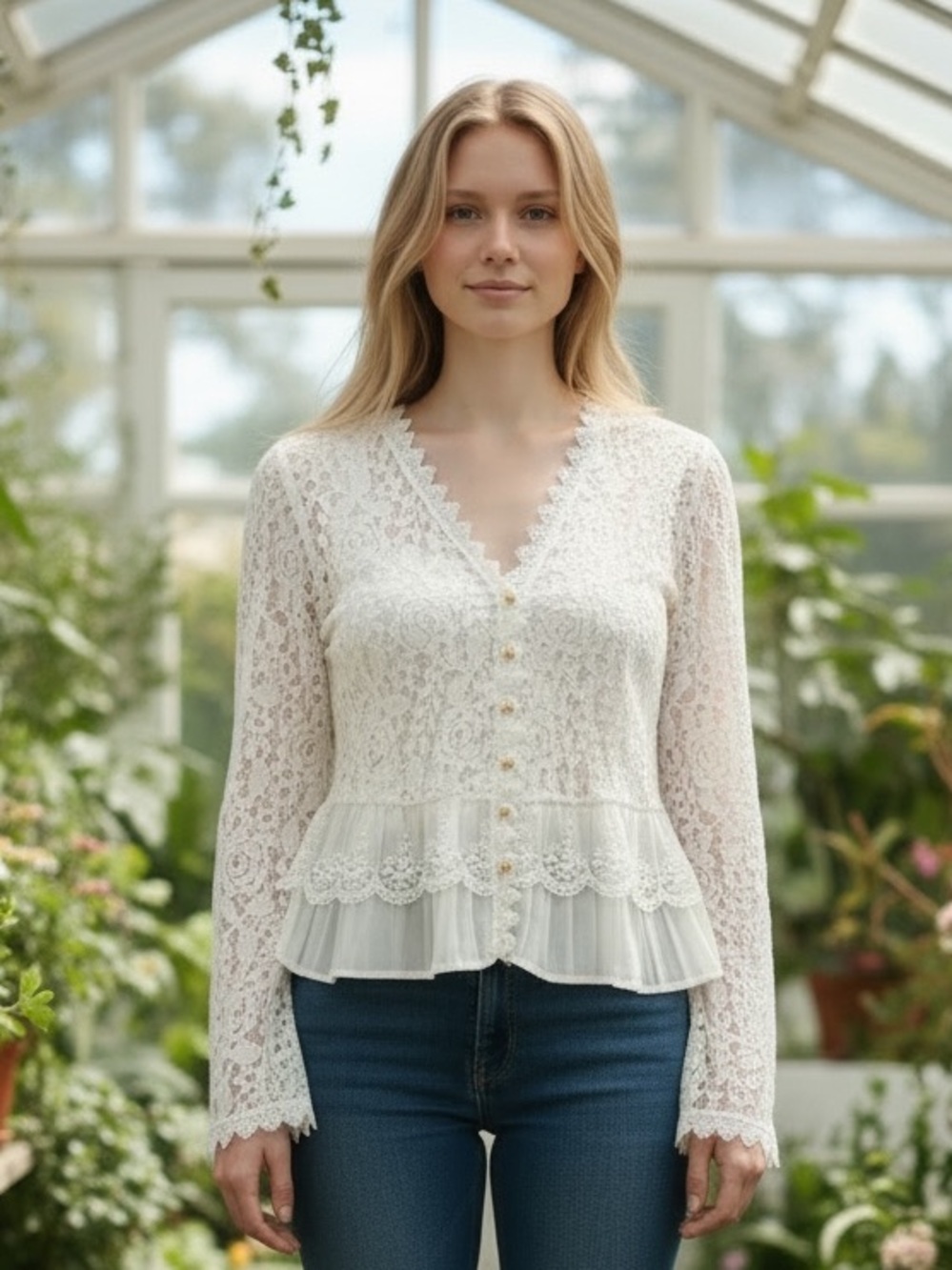Ivory Lace Button-Front Peplum Blouse - Women Tops
